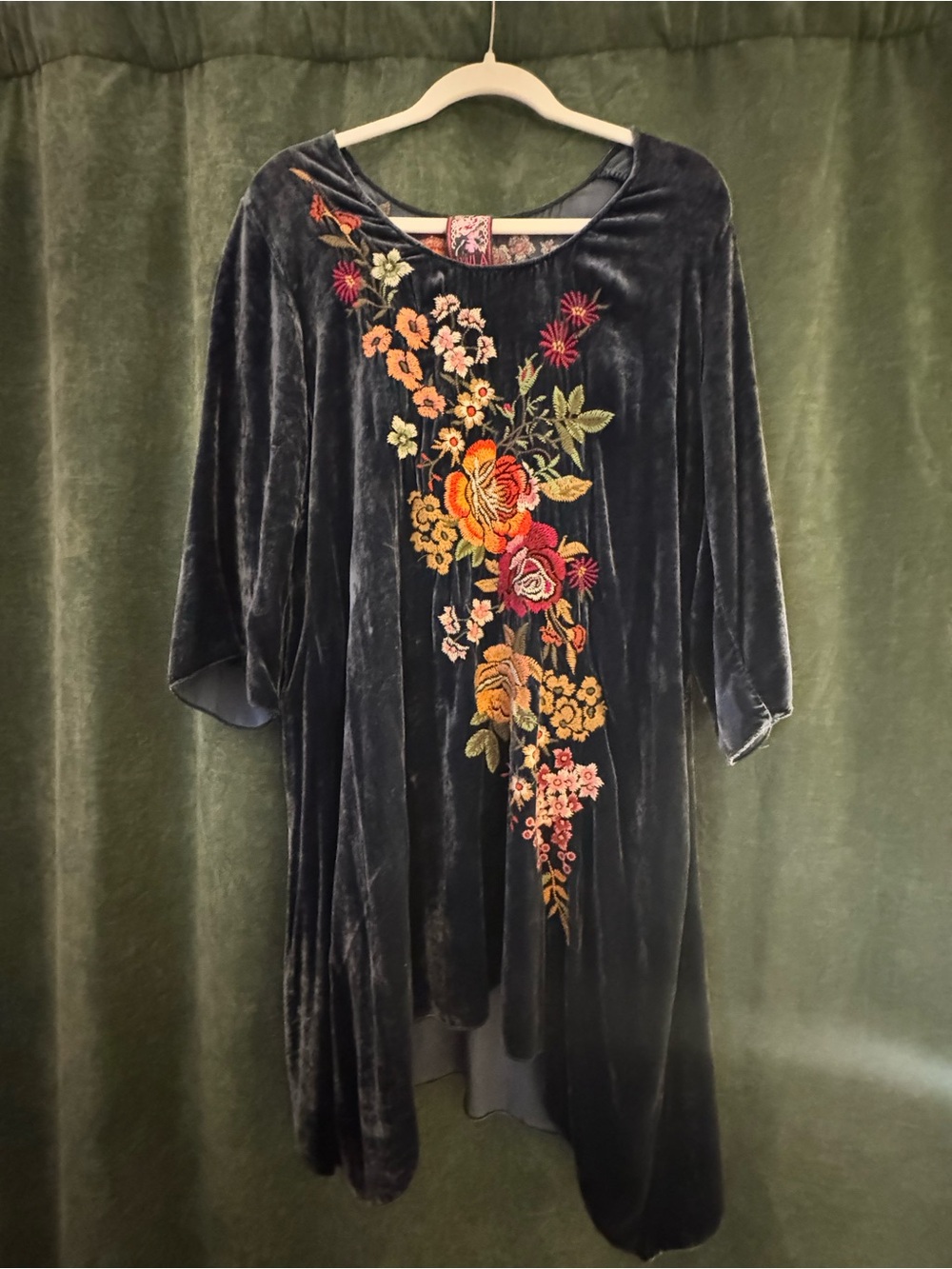 Johnny Was Blue Velvet Asymmetrical Dress with Multicolor Floral Embroidery